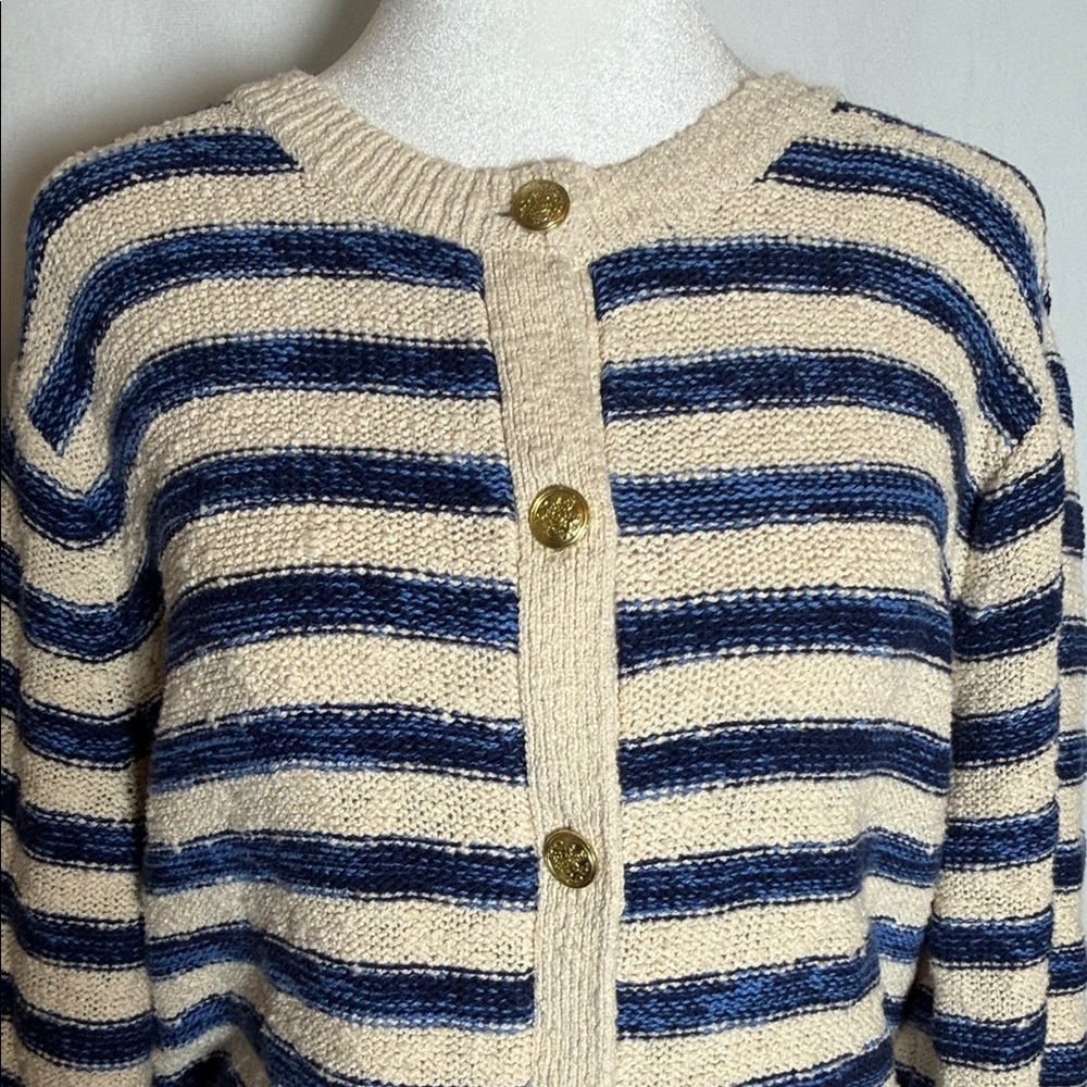 J Crew Striped Ivory Navy Lady Jacket Cardigan Sweater Size XL Nautical Preppy - Picture 2 of 12